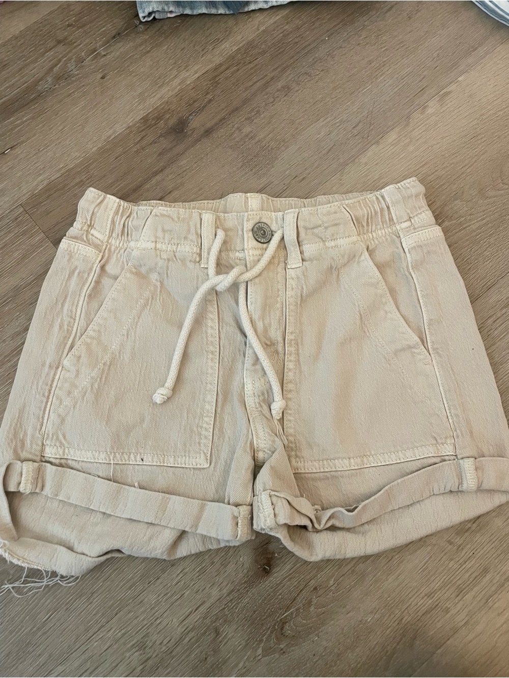 American Eagle Outfitters Light Beige High-Waist Drawstring Shorts